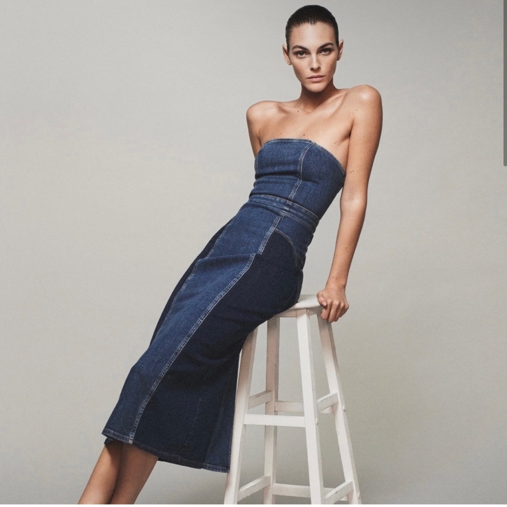 Zara Strapless Dark Blue Denim Midi Dress